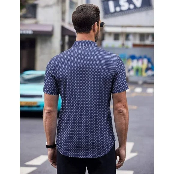 Blue square Men Short Sleeve Button Down Wrinkle Free Polka Dot Print Shirt